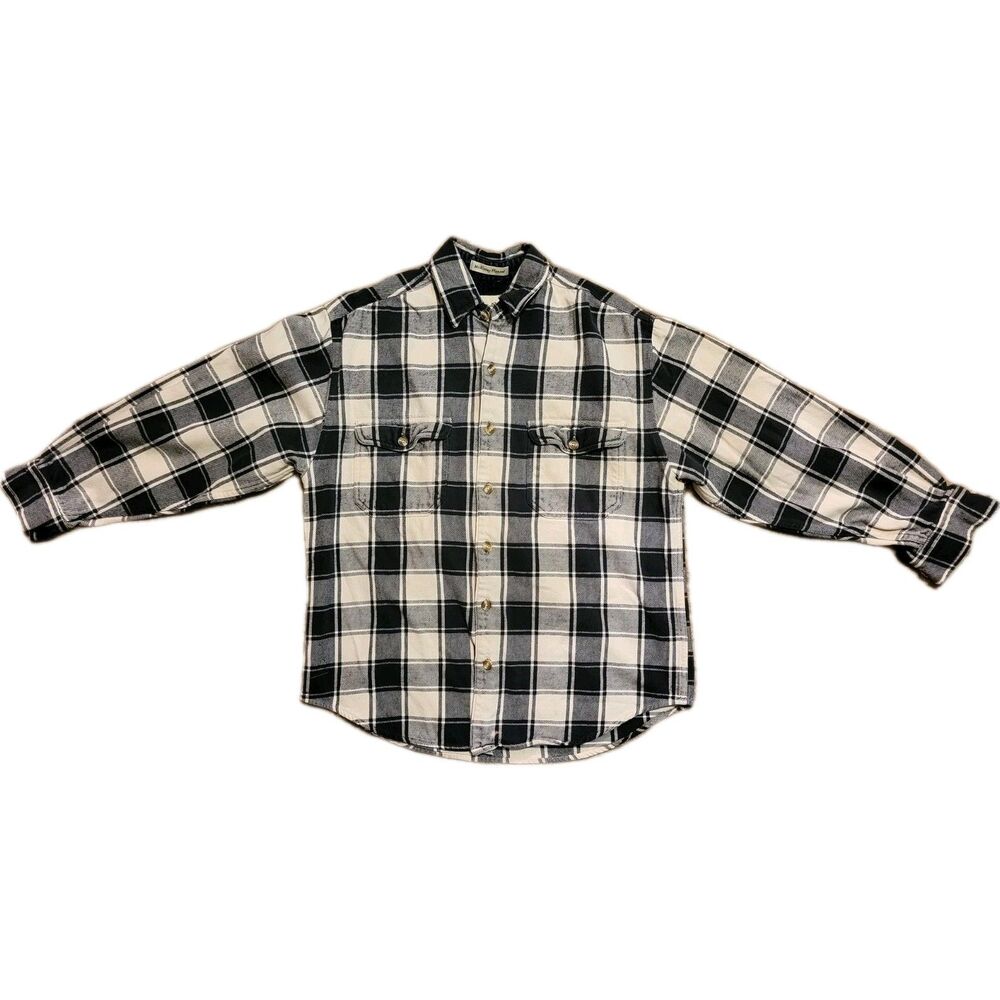 Vtg Eddie Bauer McKinley Buffalo Check Plaid Flannel Black White Hunt Farm Shirt